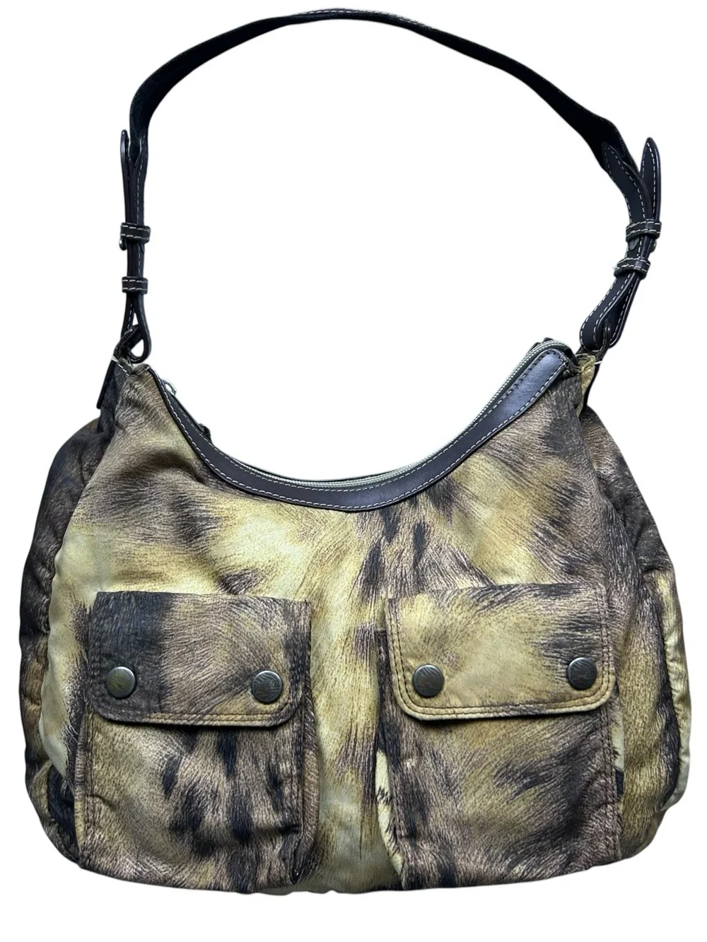 Roberto Cavalli Freedom Vintage Hobo Shoulder Bag Nylon Leather Animal Print Y2K